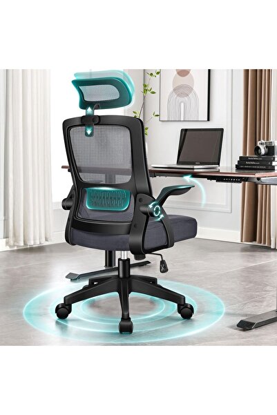 OEM Scaun ergonomic de birou, rotativ, cu suport lombar din plasă, negru