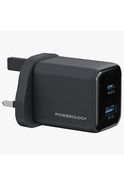 Powerology شاحن حائط Volt-X 45W ثنائي المنفذ بتقنية GaN، شاحن صغير GaN 45W أسود