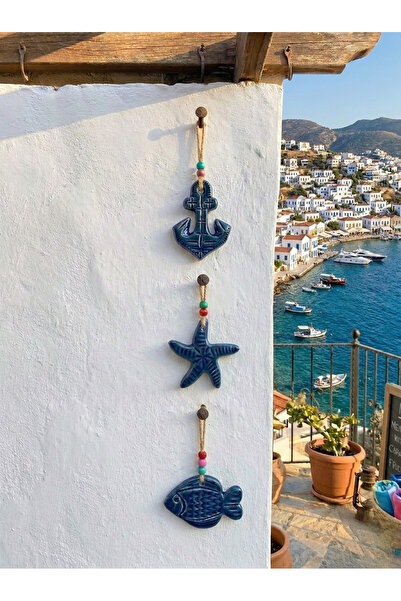 Fi Hediyelik Bodrum Mavisi Seramik Duvar Balkon Bahçe Teras Süsü Seti 3'lü Eg...