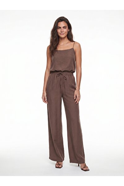 ONLOOX Coffee Woven Modal Thin Strap Blouse and Elastic Pants Bottom Top Set
