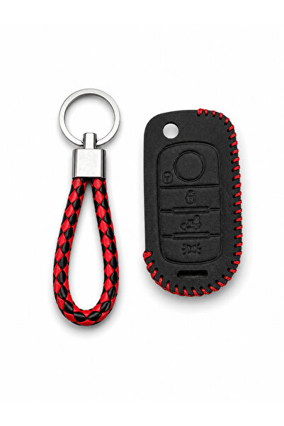 AutoHan Keys Fiat Egea Uyumlu Deri Anahtar Kılıfı, 3 Buton, Siyah, Kırmızı Ör...
