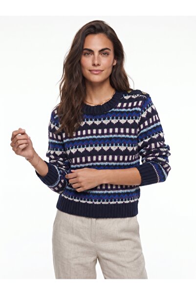 ONLOOX Navy Blue Cotton Viscose Blend Crew Neck Patterned Knitted Sweater wit...