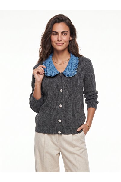 ONLOOX Anthracite Navy Blue Knitwear Fabric Baby Collar Detailed Buttoned Sta...