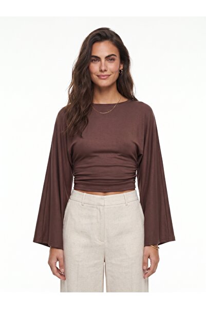 ONLOOX Brown Soft Flowy Fabric Wide-Sleeve Cropped Blouse with Gathered Detai...