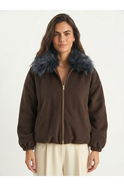 ONLOOX Bitter Brown Cashmere Fabric Bomber Jacket with Mobile Fur Collar and ...