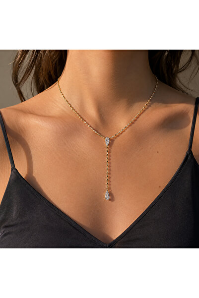angelloop Zircon Drop Y Necklace-Light Gold Steel Necklace