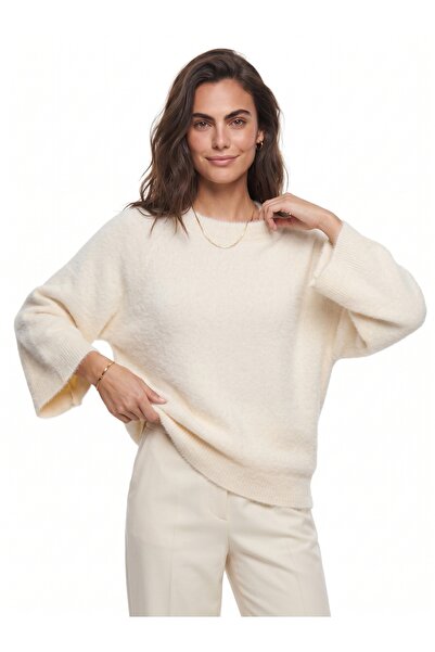 ONLOOX Ecru Bearded Polyamide Textured Bat Sleeve Oversize Soft Crew Neck Kni...