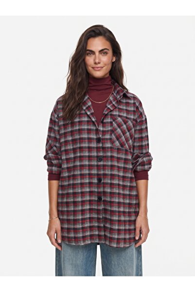 ONLOOX Red and White Cotton Fabric Shirt Collar Oversize Single Pocket Detail...