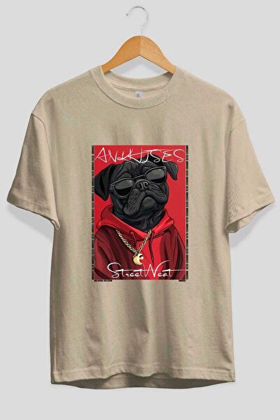 Ankhises For Dog Lovers 11 Front Dog Print Beige Oversize T-Shirt 100% Cotton...