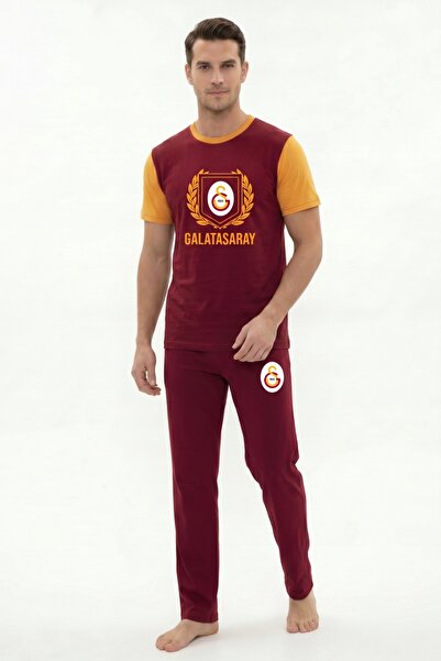 Galatasaray Orijinal Lisanslı Kısa Kollu Erkek Sıfır Yaka Pijama Takım 100% P...