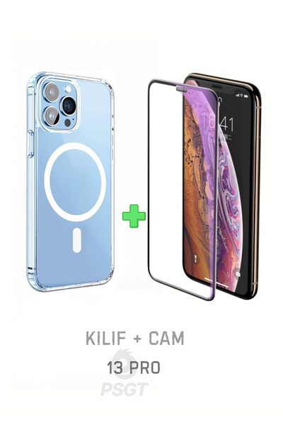 PSGT Set ( Iphone 13 Pro ) Kılıf Magsafe Wireless Şarj Destekli Şeffaf Kapak ...