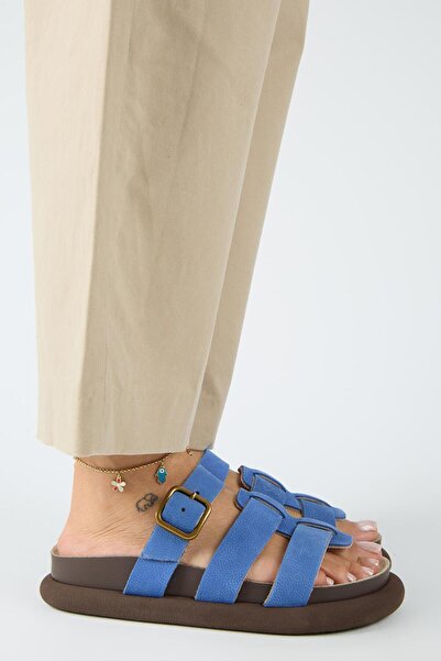 Manijero Borde Women's Genuine Leather Scarf and Buckle Nubuck Blue Slippers