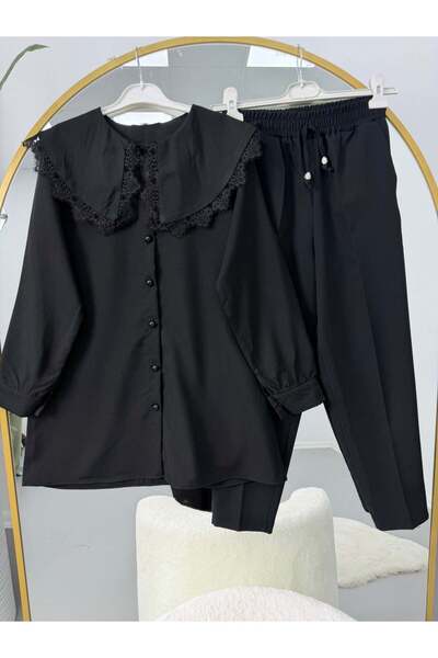 modasindoma Lace Detailed Collar Detail Pants Suit Black-Black