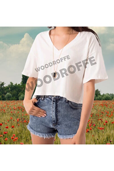 JENOLAN Women's V-Neck Black/White Crop Oversize Plain Basic T-Shirt