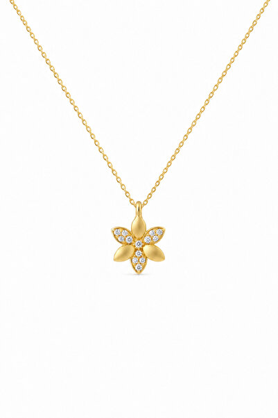 KAR DİAMOND 14 Ayar Altın Zincirli Ucu Gümüş Zirkon Taşlı Lotus Çiçeği Mini K...