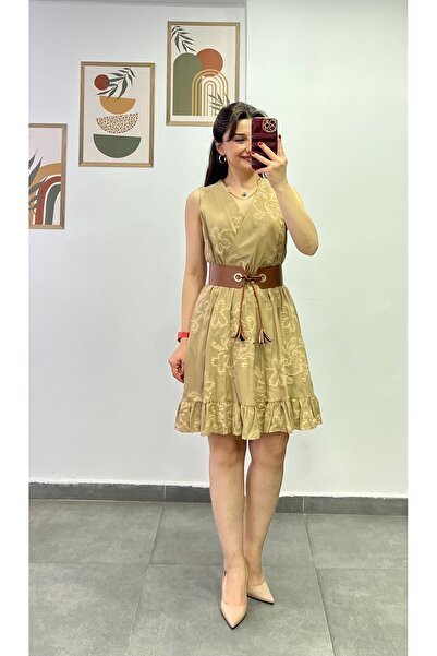bydenizcollection Double-Breasted Collar, Elastic Waist and Belt Detail, Self...