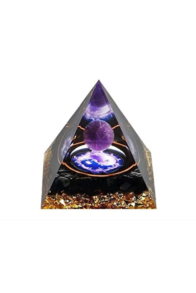 Handmade Piramidă ortogonală cu cristale de ametist și obsidian și foiță de a...