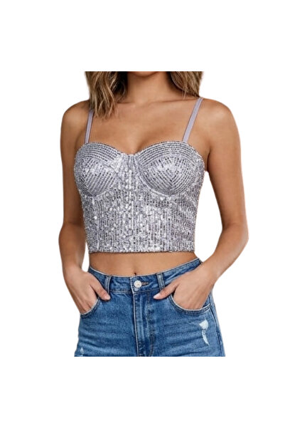 Roma Women's Shiny Corset Crop Top - Glamorous Look for Evening Outfits