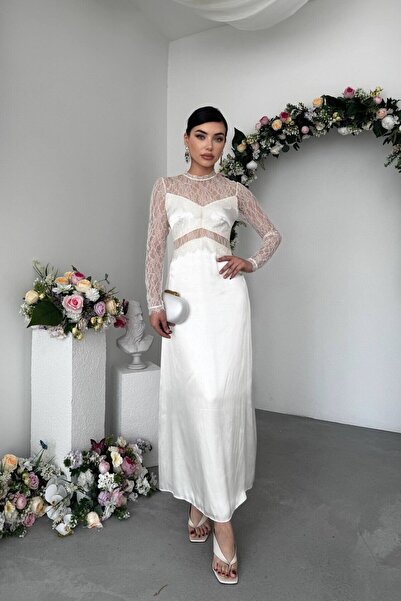 Caddebostan Moda Lace Detailed Long Sleeve Transparent Evening Dress Stylish ...