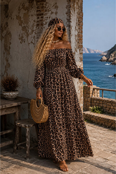 NA ADDESIGN Wild Soul Şifon Elbise, Leopar Şifon Maxi Elbise