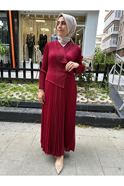 Sernisa Moda Kruvaze Yaka Akordiyon Kumaş Piliseli İthal Elbise Bordo