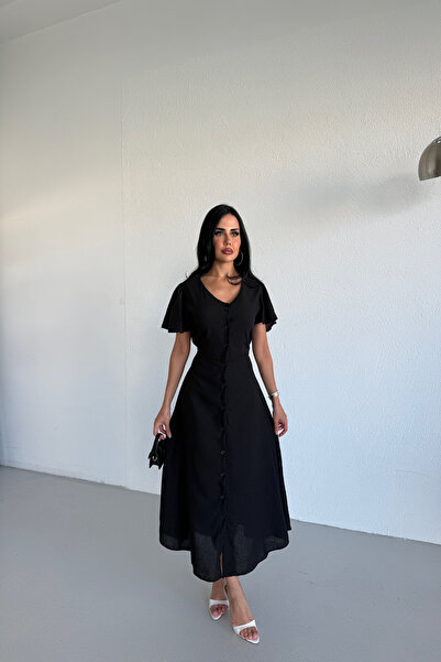 KAMACI BUTİK V-Neck Button Linen Dress