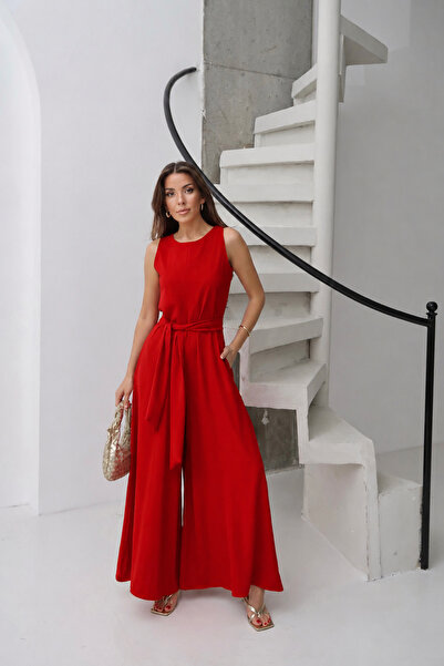 Butik Koyu Kırmızı Ayrobin Kumaş Kuşaklı Gizli Fermuarlı Bol Paça Tulum