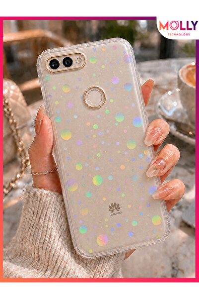 Molly HUAWEİ P SMART 2018 İçin Bubble Hologramlı Gold Çerçeveli Şeffaf Siliko...