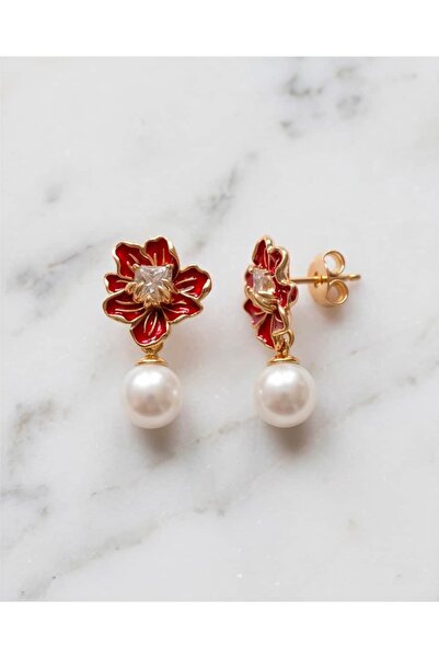 Portakal Esintisi Roselune Zircon Stone Enamel Flower Motif Pearl Steel Xupin...