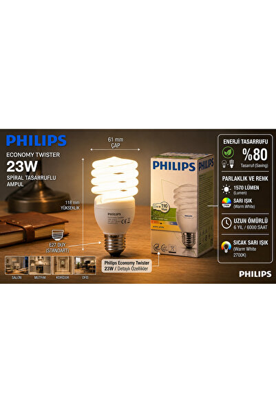 Philips 23W Twister Enerji Tasarruflu Ampul E27 Duy Sıcak Sarı Işık 1570 Lümen (110W Etkisi)