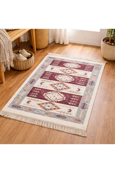 Kotonia Home Covor țesut - Decor tradițional, 60x150 cm, fundal bordo și nuan...