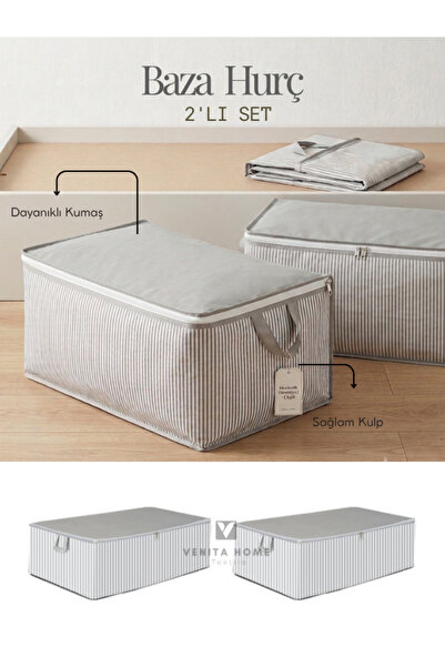 Venita Home 2 Adet - Çizgili Büyük Boy Baza Altı Ve Çekyat Tipi Hurç 65 x 45 ...
