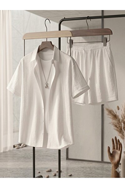 Let's Wear Men's Summer Lycra Short Sleeve Shirt Shorts Set - Relaxed Fit Sum...