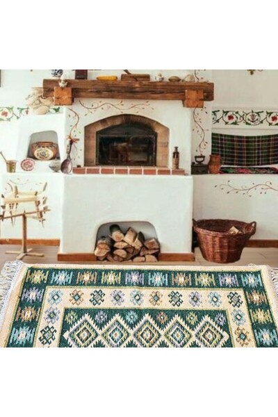 Kotonia Home Covor țesut - Decor tradițional, 80x300 cm, fundal verde și nuan...