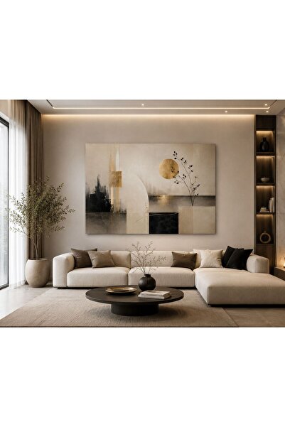 walliva Modern Soyut Geometrik Kanvas Tablo Bej Siyah Altın Tonlu Minimalist ...