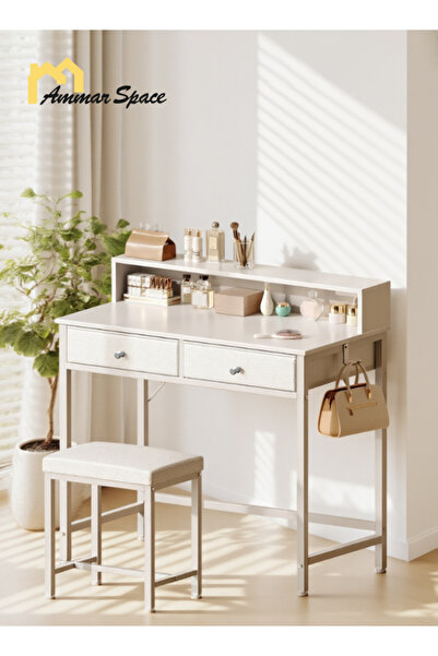 Ammar Space Bedroom Dressing Table, Makeup Dressing Table with Padded Seat, v...