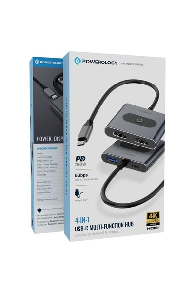 Powerology 4 In 1 USB-C Multi-Function Hub PD 100W Gray
