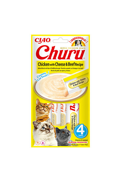 Inaba Churu Gustare cremoasă pentru pisici - Pui, Brânză și Vită 4 x 14 g