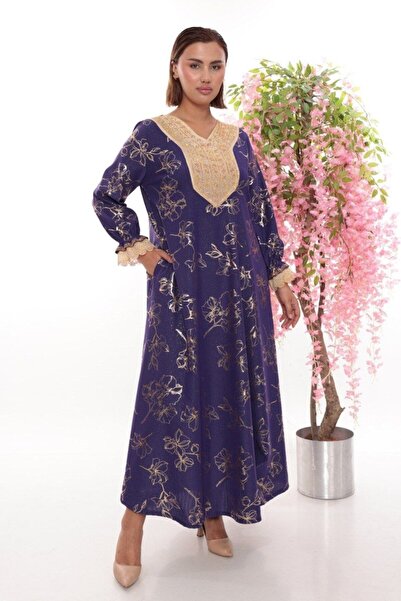 JERFİ Women's Plus Size Stylish Gold Detail Stone Printed Dress