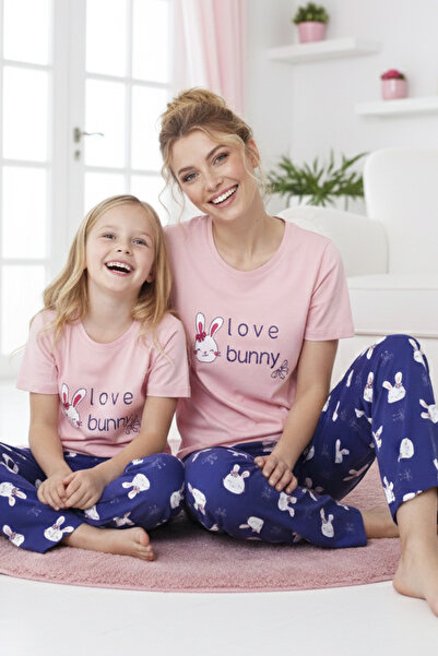Siyah İnci somon desenli Pamuklu Bisiklet Yaka Örme Pijama Takım