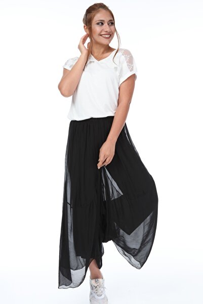 della moor Women's Black Italian Elastic Waist Wide Leg Lined Silk Trousers, ...