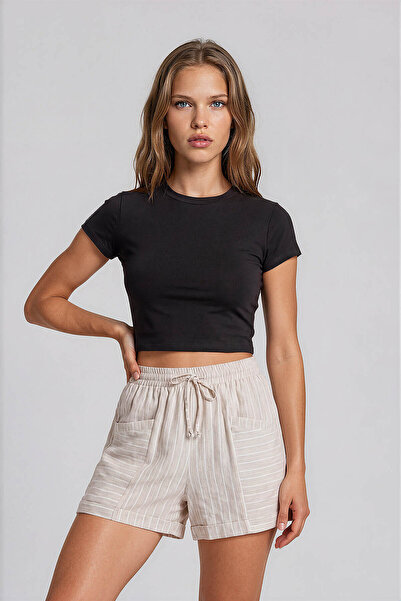 Vitrin Elastic Waist Pocketed Striped Patterned Shorts