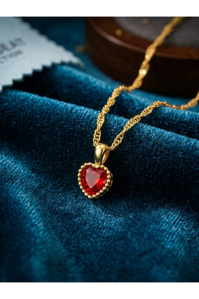 SARIHMBRD Kalp Kesim Doğum Taşlı Kolye - Minimalist Yılan Zincir Gold Altın Renk