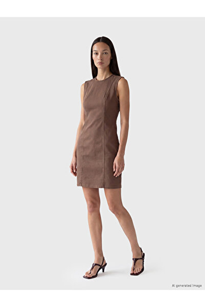 LC Waikiki Lcw Everyday Brown Crew Neck Jean Dress