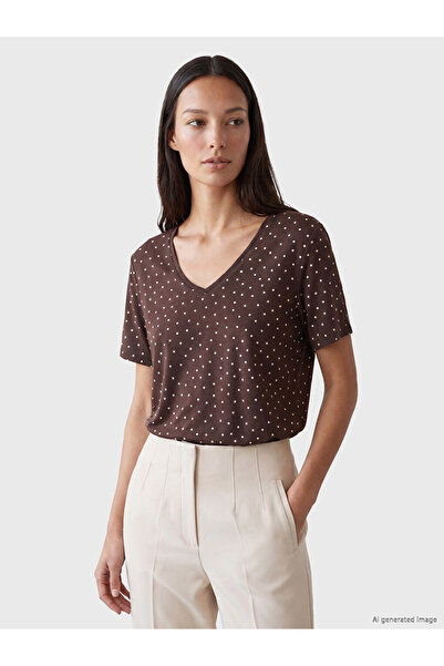 LC Waikiki Brown V-Neck Polka Dot Women's T-Shirt