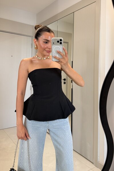 Gizem Ecemiş Federica Siyah Straplez Peplum Büstiyer