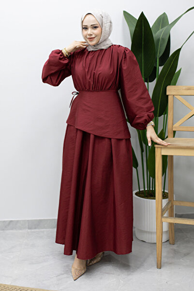 Tesettür Dünyası Sahra Mobile Belted Dress Tsd260237 Claret Red