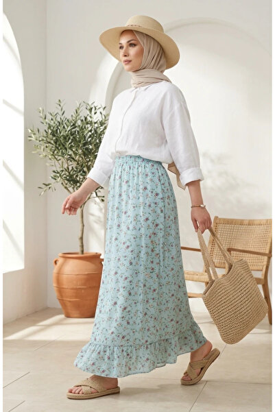 sefamerve Elastic Waist Floral Patterned Skirt 0317-02 Green