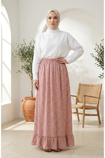 sefamerve Elastic Waist Floral Patterned Skirt 0314-02 Powder