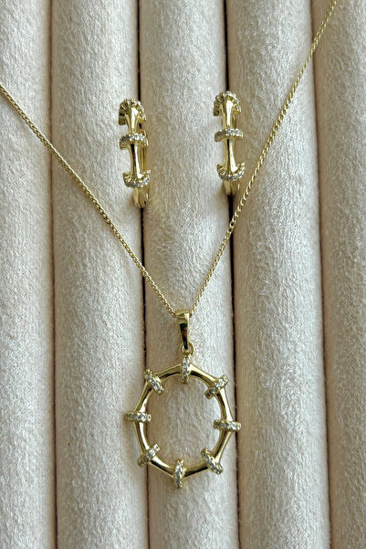 SEHERDEN Özel Seri 14K Altın Kaplama Kemik Model Küpe ve Kolye Kadın Set Takı...